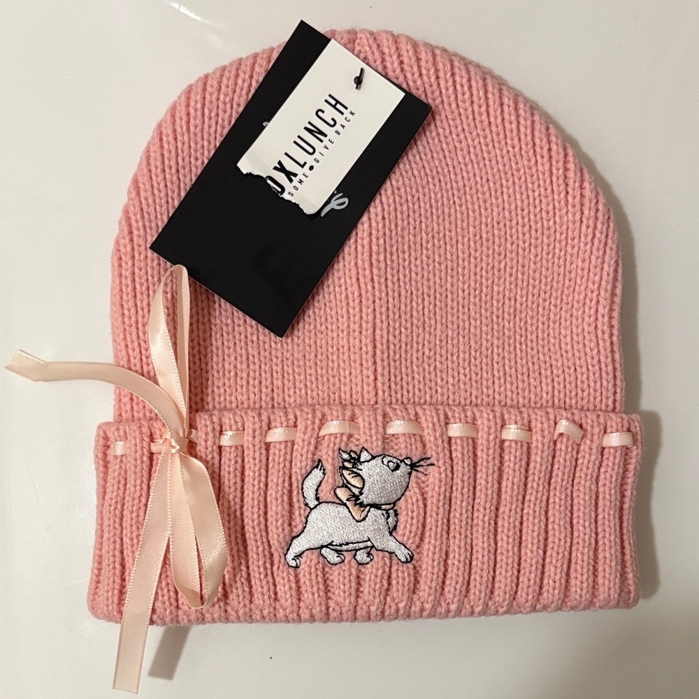 Disney Marie Aristocats Coquette pink bow beanie with ribbon nwt - Picture 3 of 5